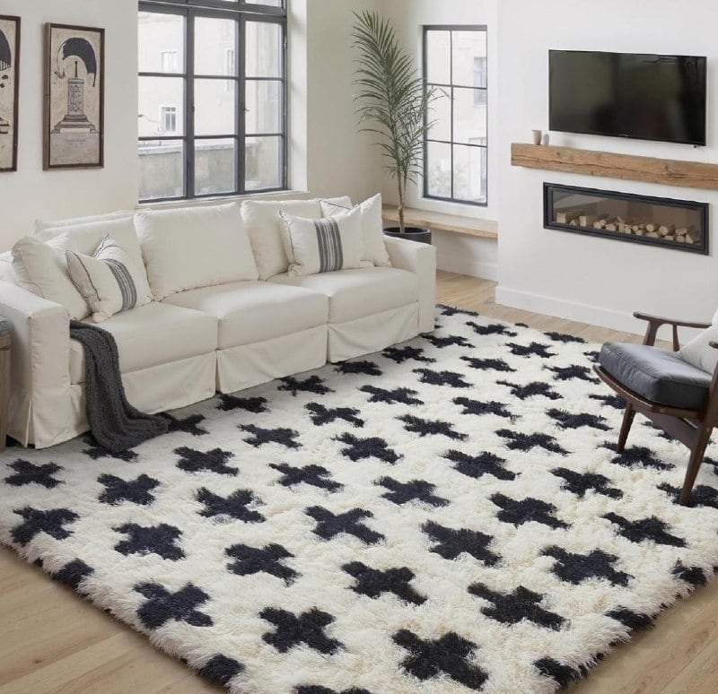 A plush 5x8 soft shag area rug in a living room, featured in our Thursday Deals.