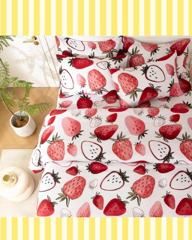 A strawberry print bedding set with a comforter, sheets and pillowcases for a cute bedroom refresh, featured in our Monday Deals.