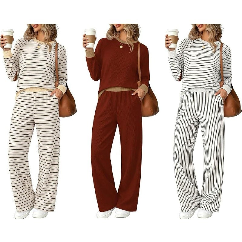 A women's striped two-piece lounge set with a relaxed top and matching pants, featured in our Thursday Deals.