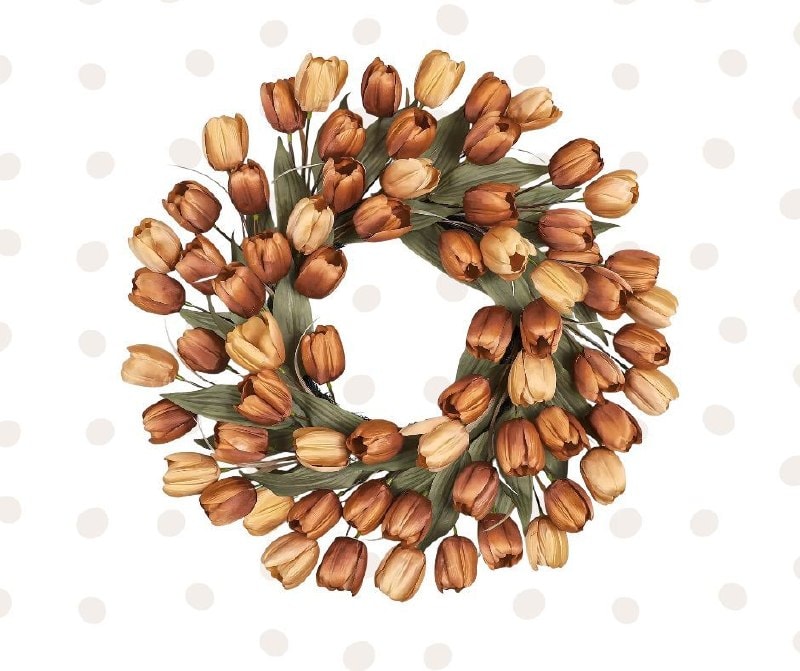 A 24-inch front door wreath with warm autumn-toned tulips and greenery for fall decorating featured in our Monday Deals.