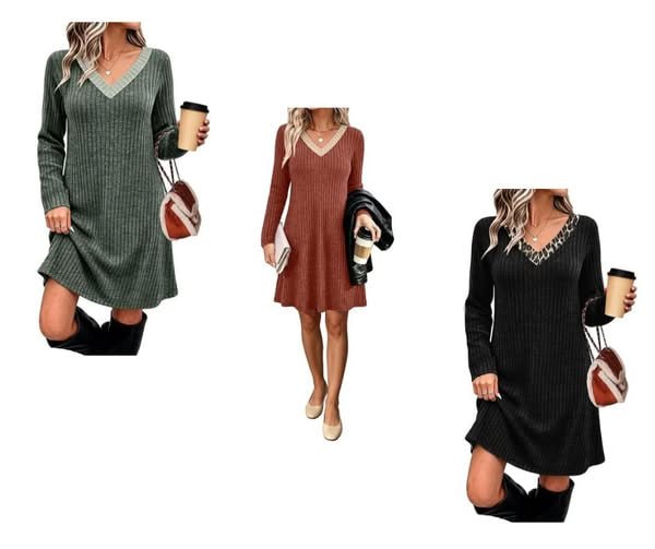 A woman wearing a cozy knit V-neck long sleeve fall sweater dress in a warm autumn color, featured in our Wednesday Deals.