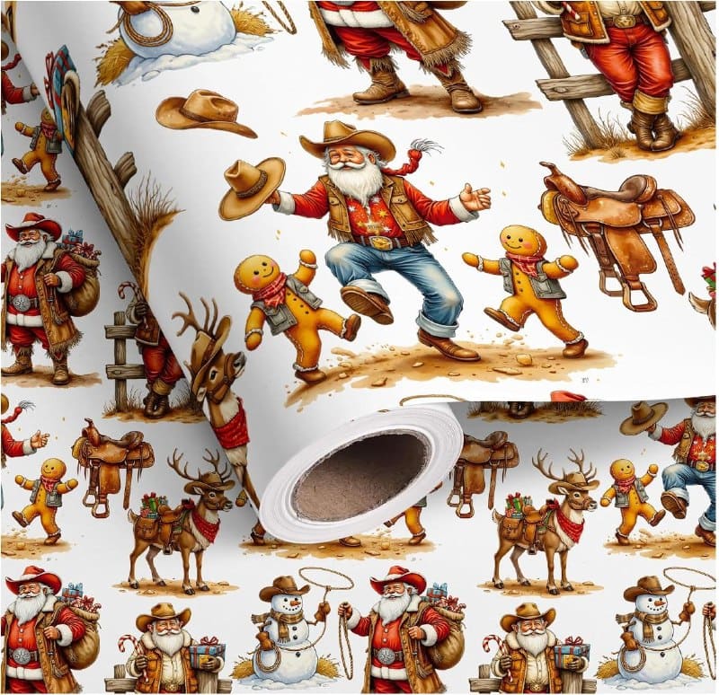 Rolls of western-themed Christmas wrapping paper with cowboy and holiday prints, featured in our Thursday Deals.