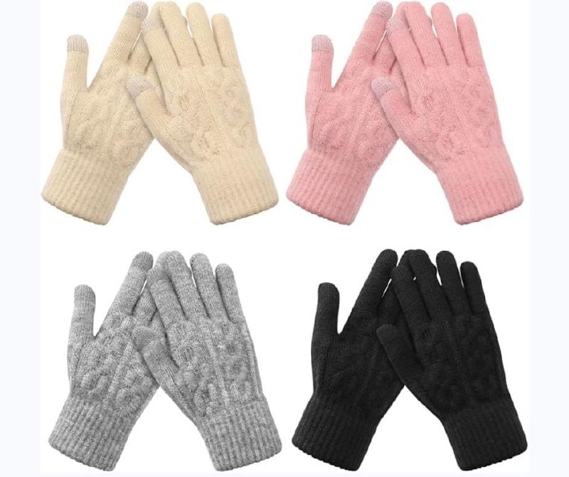 Four pairs of cozy winter knit gloves in assorted colors, featured in our Monday Deals.