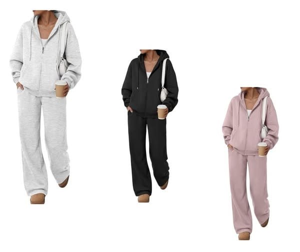 A women's two-piece zip up sweatsuit with matching jacket and pants, featured in our Tuesday Deals.