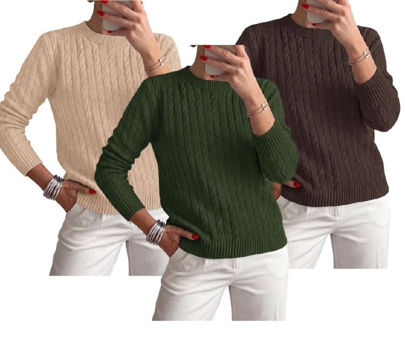 A woman wearing a cozy cable knit crewneck pullover sweater, a perfect fall layer, featured in our Monday Deals.