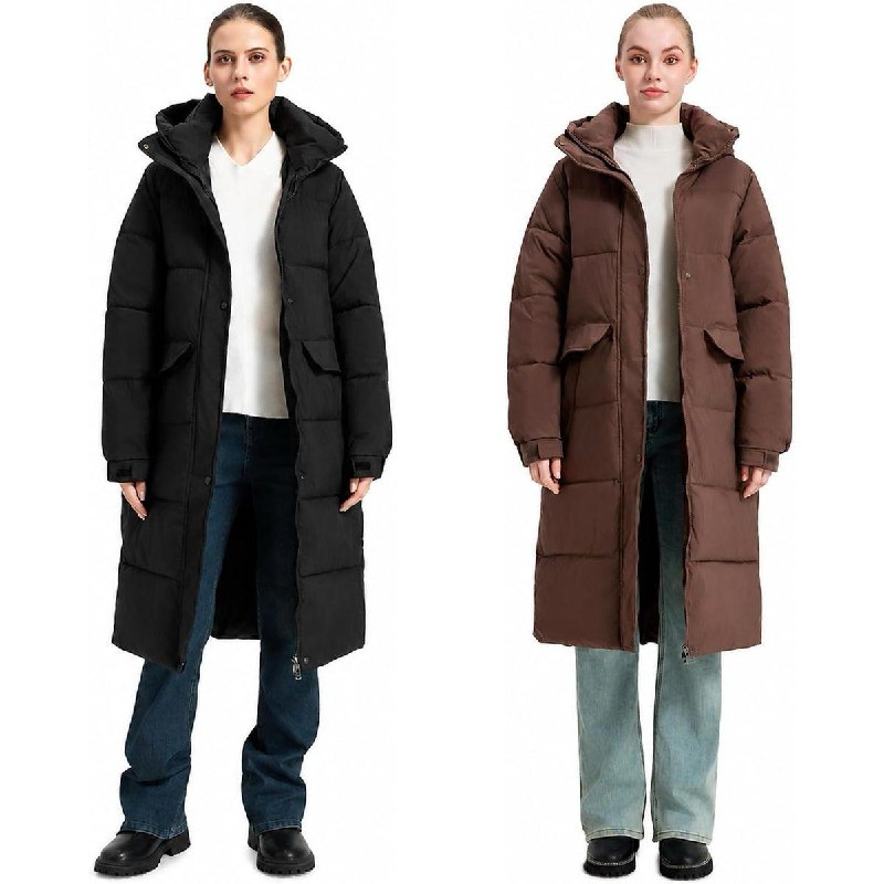 A warm women's knee length puffer jacket for winter, featured in our Tuesday Deals.