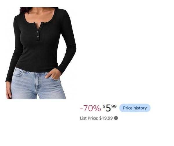 A women's long sleeve henley shirt with a button placket, featured in our Tuesday Deals.