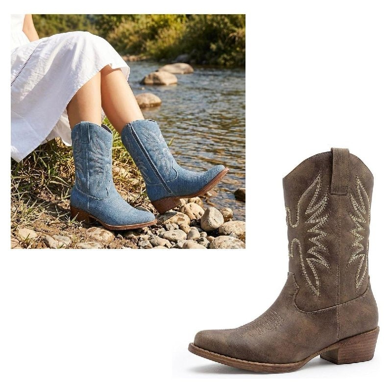 A pair of women's mid calf western cowboy boots, featured in our Wednesday Deals.