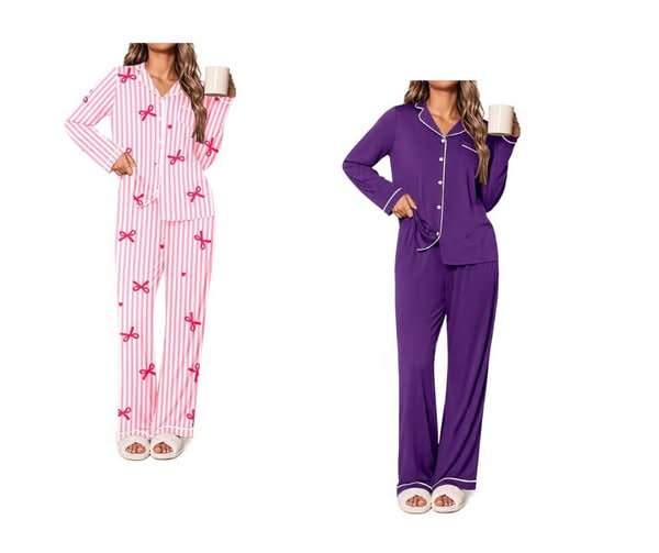 A woman wearing a soft two-piece long sleeve women's pajama set with a button-up top and matching pants, featured in our Wednesday Deals.