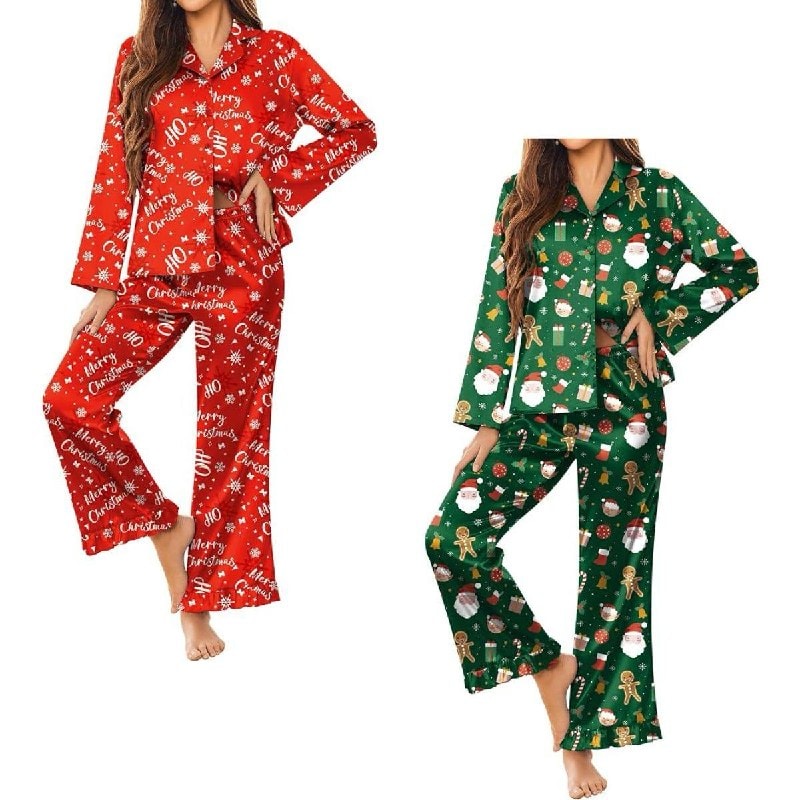 A women's satin Christmas pajama set with a festive holiday print, featured in our Thursday Deals.
