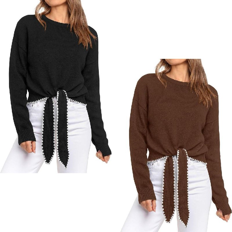 Woman wearing a cozy knit tie-front sweater for fall featured in our Tuesday Deals.