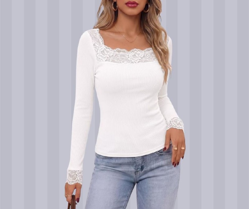 A women's white long sleeve top with delicate lace trim, featured in our Monday Deals.